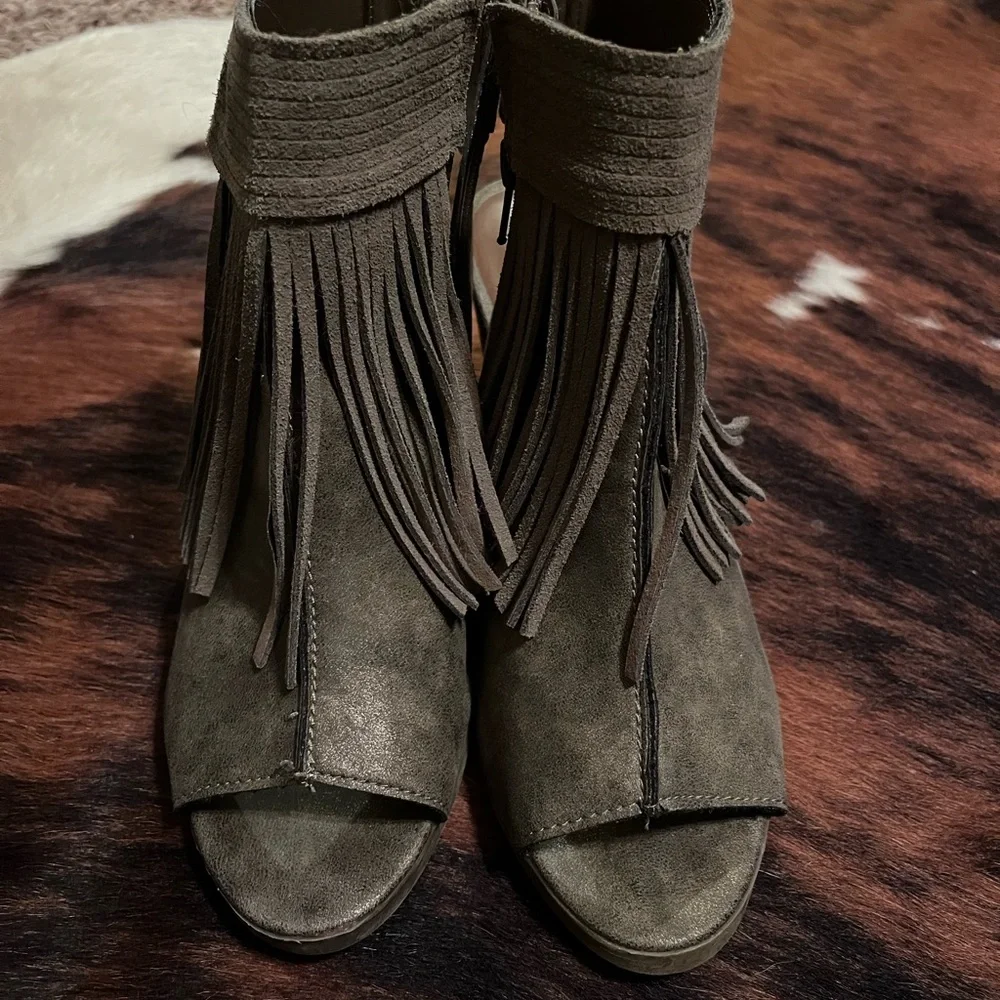 Sugar Taupe Fringed Peep-Toe Booties - Picture 1 of 5
